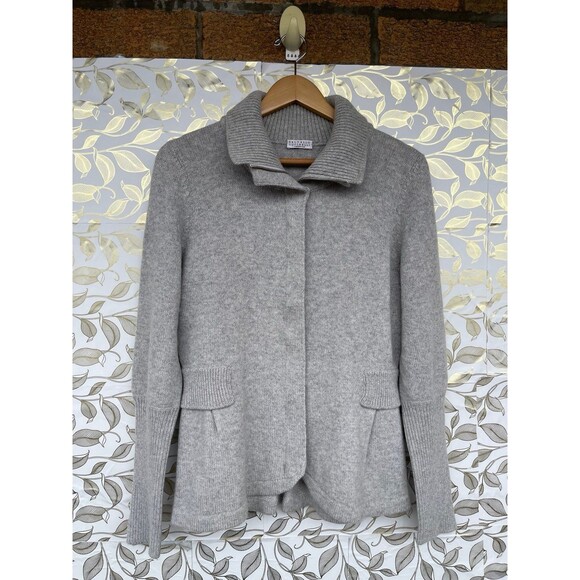 Brunello Cucinelli Sweaters - Brunello Cucinelli 100% Cashmere Gray Full Zip Peplum Cardigan Jacket large USA